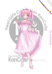 Rule 34 | 1girl, absurdres, ahoge, alternate costume, anniversary, bare shoulders, champagne flute, character name, commentary request, copyright name, cup, dress, drinking glass, full body, hair bobbles, hair ornament, highres, kantai collection, looking at viewer, naval flag, one eye closed, pink dress, pink eyes, pink footwear, pink hair, sazanami (kancolle), short hair, skirt hold, smile, solo, twintails, yoko hata