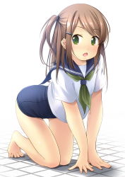 Rule 34 | 1girl, all fours, bare legs, barefoot, blue one-piece swimsuit, blue sailor collar, blush, brown hair, commentary request, full body, green eyes, green neckerchief, hair ornament, hairclip, highres, long hair, looking at viewer, neckerchief, old school swimsuit, one-piece swimsuit, one side up, open mouth, original, sailor collar, school swimsuit, school uniform, serafuku, shibacha, shirt, short sleeves, solo, swept bangs, swimsuit, swimsuit under clothes, white shirt