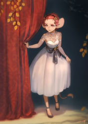 Rule 34 | 1girl, animal ears, black footwear, commentary request, curtains, dress, light particles, forehead, full body, hairband, highres, looking away, mouse ears, mouse girl, mouse tail, nishiki areku, pixiv fantasia, pixiv fantasia last saga, red eyes, red hair, sash, shoes, short hair, signature, skirt hold, solo, tail, white dress