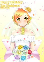 Rule 34 | 1girl, absurdres, artist name, artist request, back bow, bare shoulders, bouquet, bow, breasts, cherry blossoms, choker, cleavage, collarbone, dress, earrings, female focus, flower, gloves, green eyes, hair between eyes, hair flower, hair ornament, highres, holding, holding bouquet, hoshizora rin, jewelry, looking at viewer, love live!, love live! school idol festival, love live! school idol project, love wing bell, love wing bell (love live!), miniskirt, orange flower, orange hair, parted lips, petals, pink bow, pink skirt, plaid, plaid dress, plaid skirt, pleated, pleated dress, pleated skirt, pom pom (clothes), pom pom hair ornament, short dress, short hair, skirt, sleeveless, sleeveless dress, small breasts, smile, solo, strapless, strapless dress, teeth, veil, wedding dress, white choker, white dress, white gloves, white skirt, white veil, white wrist cuffs, wrist cuffs, yellow eyes, yellow flower