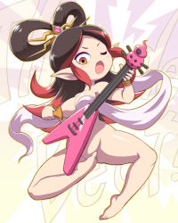 Rule 34 | 10s, 1girl, bachi, barefoot, benzaiten (youkai watch), blush, bracelet, breasts, brown hair, convenient censoring, electric guitar, eyeshadow, fangs, full body, guitar, instrument, jewelry, long hair, makeup, multicolored hair, nollety, nude, one eye closed, open mouth, plectrum, pointy ears, red hair, solo, two-tone hair, youkai watch