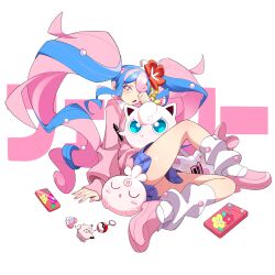 Rule 34 | absurdres, blue skirt, cardigan, cellphone, clefairy sprite (pokemon), creatures (company), earrings, fairy miku (project voltage), flower, fossil sprite (pokemon), game freak, gen 1 pokemon, gen 2 pokemon, hair flower, hair ornament, hatsune miku, highres, igglybuff, jewelry, jigglypuff, leg warmers, long hair, marker, multicolored hair, nintendo, one eye covered, open mouth, phone, pink cardigan, pink footwear, pokedex, pokemon, pokemon (creature), pout, project voltage, skirt, sleeping, tlotro, twintails, two-tone hair, very long hair, vocaloid