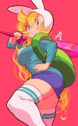 Rule 34 | 1girl, adventure time, animal hood, ass, backpack, bag, blonde hair, breasts, rabbit hood, curly hair, fionna campbell, gashi-gashi, highres, hood, large breasts, looking at viewer, sideboob, skirt, solo, sword, thick thighs, thighhighs, thighs, weapon, wide hips