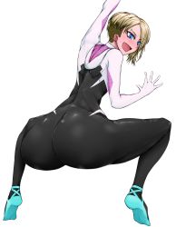 Rule 34 | 1girl, absurdres, artist request, ass, blonde hair, blue eyes, blush, bodysuit, from behind, gloves, gwen stacy, highres, looking down, marvel, open mouth, piercing, short hair, smile, solo, spider-gwen, spider-man (series), sweatdrop, transparent background