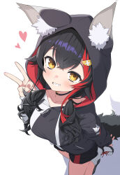 Rule 34 | 1girl, absurdres, animal ear fluff, animal ears, black hair, black hoodie, black shorts, blush, breasts, flipped hair, hair between eyes, hair ornament, hairclip, heart, highres, hiroikara (smhong04), hololive, hood, hoodie, looking at viewer, low twintails, medium breasts, multicolored hair, ookami mio, ookami mio (casual), open mouth, red hair, shorts, simple background, smile, solo, streaked hair, tail, teeth, twintails, two-tone hoodie, v, virtual youtuber, white background, wolf ears, wolf girl, wolf tail, yellow eyes