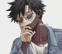Rule 34 | 1boy, bell mha, black hair, blue eyes, boku no hero academia, burn scar, dabi (boku no hero academia), ear piercing, eye contact, glasses, hand on own face, highres, jacket, looking at another, looking at viewer, male focus, multiple scars, piercing, scar, shirt, short hair, solo, stapled, white background