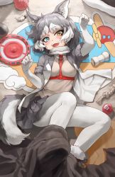 Rule 34 | 1girl, :d, animal ear fluff, animal ears, between breasts, blue eyes, blush, boots, breasts, commentary, dog (mixed breed) (kemono friends), dog ears, dog girl, dog tail, frisbee, from above, full body, fur-trimmed boots, fur-trimmed sleeves, fur trim, gloves, grey hair, grey skirt, harness, heterochromia, highres, japari symbol, kemono friends, looking at viewer, lying, medium breasts, medium hair, melaton, multicolored hair, on back, open mouth, pantyhose, paw pose, short sleeves, skirt, smile, solo, tail, teeth, two-tone hair, upper teeth only, white gloves, white hair, white pantyhose, yellow eyes