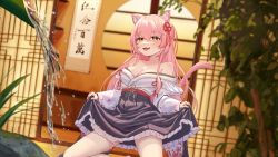 Rule 34 | 1girl, :d, animal ears, architecture, bare legs, blush, breasts, calligraphy, cat ears, cat girl, cat tail, chinese text, cleavage, cowboy shot, east asian architecture, frilled skirt, frills, grass, hair ribbon, hanging scroll, hiiro (vtuber), indie virtual youtuber, japanese clothes, kimono, kneeling, large breasts, laska (572124034), leaf, long hair, looking at viewer, lower teeth only, milestone celebration, miniskirt, off-shoulder shirt, off shoulder, open mouth, pink hair, purple skirt, red ribbon, ribbon, scroll, shirt, skirt, skirt hold, smile, solo, tail, teeth, tube, virtual youtuber, water, water drop, white shirt, yellow eyes