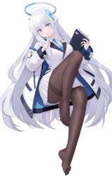 Rule 34 | 1girl, absurdres, ass, black pantyhose, blue archive, blue necktie, blush, closed mouth, collared shirt, formal, full body, grey hair, halo, highres, jacket, long hair, long sleeves, looking at viewer, mechanical halo, necktie, noa (blue archive), open clothes, open jacket, pantyhose, pleated skirt, purple eyes, shirt, simple background, skirt, smile, solo, suit, toes, two-sided fabric, two-sided jacket, white background, white jacket, white shirt, white skirt, xiongji z z
