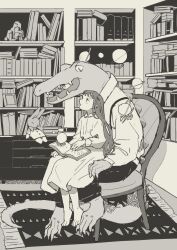 Rule 34 | 1girl, absurdres, animal, barefoot, book, bookshelf, carpet, clothed animal, collared dress, collared shirt, commentary request, crocodile, crocodilian, drawer, dress, highres, indoors, long hair, long sleeves, looking at another, medium dress, on chair, open book, open mouth, original, pants, planet, planetary ring, puffy long sleeves, puffy sleeves, sharp teeth, shirt, sitting, sitting on lap, sitting on person, straight hair, study (room), stuffed animal, stuffed rabbit, stuffed toy, suspenders, teeth, toes, tono (rt0no), very long hair