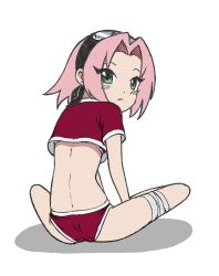 Rule 34 | 1girl, ass, bandaged leg, bandages, black hairband, blush, closed mouth, crop top, female focus, forehead protector, from behind, full body, green eyes, hairband, haruno sakura, highres, looking at viewer, looking back, naruto, naruto (series), no pants, pandora (35246842), panties, parted bangs, red panties, red shirt, shirt, short sleeves, simple background, sitting, solo, thighs, underwear, white background