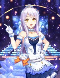 Rule 34 | 10s, 1girl, bad id, bad pixiv id, bracelet, breasts, choker, cleavage, clock, dress, eve santaclaus, gem, gloves, highres, idolmaster, idolmaster cinderella girls, idolmaster cinderella girls starlight stage, jewelry, layered dress, long hair, necklace, pearl (gemstone), ribbon, silver hair, solo, stage, stairs, tiara, white dress, white gloves, yellow eyes, yuuhi (ages)