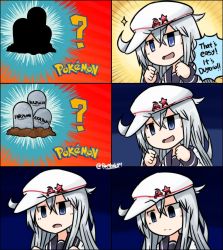 Rule 34 | 1girl, :d, :o, ?, artist name, blue eyes, copyright name, creatures (company), depressed, empty eyes, english text, flat cap, game freak, hammer and sickle, hat, hat ornament, hibiki (kancolle), kantai collection, long hair, nintendo, open mouth, parody, pokemon, raythalosm, sad, school uniform, silver hair, smile, sparkle, star (symbol), surprised, tombstone, truth, twitter username, verniy (kancolle), white hat