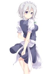 Rule 34 | 1girl, blue eyes, braid, breasts, fal maro, female focus, from behind, highres, holding own arm, impossible clothes, impossible shirt, izayoi sakuya, looking at viewer, looking back, maid, maid headdress, shirt, silver hair, simple background, solo, standing, touhou