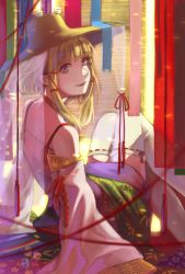Rule 34 | 1girl, adapted costume, arm support, bad id, bad pixiv id, bare shoulders, blonde hair, detached sleeves, from behind, hair ribbon, hat, highres, knees together feet apart, leaning back, light smile, looking at viewer, looking back, moriya suwako, ribbon, ribbon-trimmed legwear, ribbon-trimmed sleeves, ribbon trim, shinigami (pixiv4727902), solo, strap, thighhighs, touhou, white thighhighs, yellow eyes