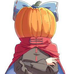Rule 34 | 1girl, black jacket, blue bow, bow, cape, commentary, crossed arms, disembodied head, english commentary, headless, highres, jacket, large bow, long sleeves, praeto, pumpkin, red cape, sekibanki, simple background, solo, touhou, white background