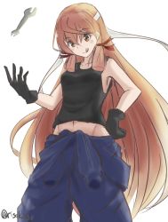 Rule 34 | 10s, 1girl, :q, akashi (kancolle), alternate costume, alternate hair color, bandana, black gloves, blue jumpsuit, clothes around waist, collarbone, cowboy shot, dirty, dirty face, eyebrows, eyes visible through hair, gloves, groin, hair between eyes, hair ribbon, hand on own hip, headband, jumpsuit, kantai collection, long hair, matching hair/eyes, midriff, orange eyes, orange hair, pink hair, ribbon, risokaaso (tommy9551), simple background, sleeveless, smile, solo, standing, tank top, tongue, tongue out, tress ribbon, twintails, twitter username, very long hair, white background, wrench, yellow eyes
