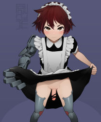 Rule 34 | 1boy, absurdres, apron, bad id, bad pixiv id, bar censor, black dress, blush, brown eyes, censored, closed mouth, clothes lift, crossdressing, cyborg, dress, dress lift, highres, kinoseihunmatsu, lifted by self, looking at viewer, maid, maid apron, maid headdress, mechanical arms, mechanical legs, no panties, original, penis, red hair, short hair, single mechanical arm, skirt, skirt lift, standing, trap