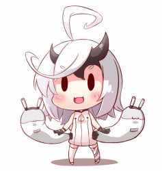 Rule 34 | 10s, 1girl, :3, :d, abyssal ship, ahoge, bare shoulders, black gloves, blush, breasts, chibi, cleavage, dress, gloves, heavy cruiser princess, himano (himano n), horns, kantai collection, looking at viewer, open mouth, pale skin, short hair, smile, solo, standing, striped clothes, striped thighhighs, thighhighs, turret, white hair, white thighhighs