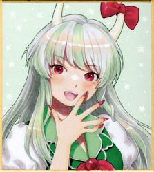 Rule 34 | 1girl, :d, blush, bow, dress, ex-keine, fingernails, green dress, green hair, green nails, grey background, horn bow, horn ornament, horn ribbon, horns, kageharu, kamishirasawa keine, long hair, looking at viewer, multicolored hair, nail polish, open mouth, puffy sleeves, red eyes, red nails, ribbon, sharp fingernails, shikishi, simple background, smile, solo, swept bangs, teeth, touhou, traditional media, upper body, upper teeth only