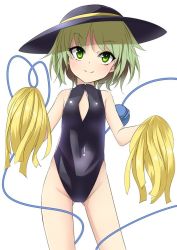 Rule 34 | 1girl, arai togami, bare shoulders, breasts, cleavage, cleavage cutout, clothing cutout, competition swimsuit, flat chest, front zipper swimsuit, green eyes, green hair, hat, hat ribbon, heart, heart of string, komeiji koishi, matching hair/eyes, meme attire, one-piece swimsuit, pom pom (cheerleading), ribbon, short hair, simple background, smile, solo, string, swimsuit, third eye, touhou, white background