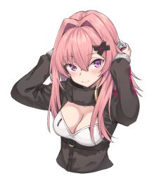 Rule 34 | 1girl, blush, breasts, cleavage, closed mouth, girls&#039; frontline, hair between eyes, hair intakes, hair ornament, hairclip, highres, ivan wang, k31 (girls&#039; frontline), long hair, long sleeves, looking at viewer, medium breasts, pink hair, purple eyes, sidelocks, simple background, solo, tactical clothes, upper body, white background