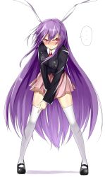 Rule 34 | ..., 1girl, animal ears, blazer, blouse, blush, breasts, highres, jacket, long hair, necktie, pleated skirt, purple hair, rabbit ears, red eyes, reisen udongein inaba, shirt, simple background, skirt, solo, speech bubble, tears, thighhighs, touhou, very long hair, white background, white thighhighs, yamato (muchuu paradigm)