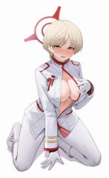 Rule 34 | 1girl, blonde hair, blue archive, blush, breasts, cbmus, cleavage, cum, cum on body, cum on breasts, cum on upper body, gloves, halo, highres, jacket, kneeling, large breasts, marina (blue archive), military, military uniform, no bra, pants, short hair, simple background, solo, unbuttoned, uniform, white gloves, white jacket, white pants, yellow eyes