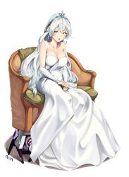 Rule 34 | 1girl, absurdres, aged up, alternate breast size, alternate costume, bare shoulders, blue eyes, blush, braid, breasts, bridal gauntlets, chair, cleavage, collarbone, dinergate (girls&#039; frontline), dress, fkny, french braid, frown, full body, girls&#039; frontline, gloves, hair between eyes, highres, intravenous drip, large breasts, long dress, long hair, looking at viewer, open mouth, ribeyrolles (girls&#039; frontline), sidelocks, signature, silver hair, simple background, sitting, solo, sweatdrop, tiara, very long hair, wavy hair, wedding dress, white background, white dress, white gloves