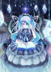 Rule 34 | 1girl, absurdres, black dress, black sailor collar, blue eyes, blue hair, blue neckwear, book, closed mouth, commentary request, crystal, dress, eyepatch, frilled dress, frills, hand up, highres, holding, huge filesize, ice crystal, ittokyu, long hair, looking at viewer, open book, original, puffy short sleeves, puffy sleeves, sailor collar, sailor dress, seashell bracelet, short sleeves, smile, snowing, solo, very long hair
