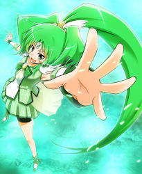 Rule 34 | 10s, 1girl, :d, bike shorts, bike shorts under skirt, bow, bowtie, circlet, cure march, dress, foreshortening, from above, full body, green background, green bow, green bowtie, green dress, green eyes, green hair, green shorts, green skirt, green theme, long hair, magical girl, matching hair/eyes, midorikawa nao, natsuki tomosuke, open mouth, outstretched arms, ponytail, precure, shorts, shorts under skirt, skirt, smile, smile precure!, solo, spread arms, tri tails, very long hair