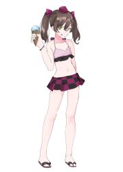 Rule 34 | 1girl, adapted costume, bikini, brown eyes, brown footwear, brown hair, checkered bikini, checkered clothes, commentary, food, full body, hat, highres, himekaidou hatate, holding, holding food, ice cream, looking at viewer, medium hair, one-hour drawing challenge, pink bikini, purple headwear, sandals, simple background, swimsuit, tohoyuukarin, tokin hat, tongue, tongue out, touhou, white background