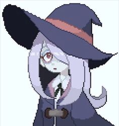 Rule 34 | 1girl, bags under eyes, black ribbon, black robe, collared shirt, expressionless, hair over one eye, half-closed eyes, hat, light purple hair, little witch academia, long hair, pale skin, pixel art, ribbon, robe, shirt, simple background, sucy manbavaran, uchu imagawa, upper body, white background, white shirt, witch, witch hat