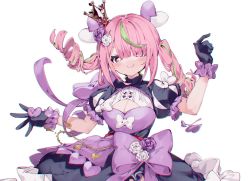 Rule 34 | 1girl, azuchi momo, black dress, black gloves, blush, bow, breasts, cleavage, cleavage cutout, closed mouth, clothing cutout, crown, dress, drill hair, fang, fang out, flower, gloves, green hair, hair flower, hair ornament, hair over one eye, heart, heart hair ornament, highres, karizini999, long hair, looking at viewer, mini crown, nijisanji, pink hair, puffy short sleeves, puffy sleeves, purple bow, purple eyes, purple flower, purple rose, rose, short sleeves, simple background, skin fang, smile, solo, twin drills, twintails, upper body, virtual youtuber, white flower, white rose