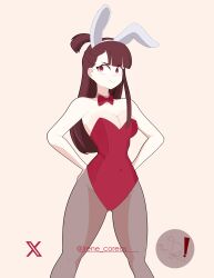Rule 34 | 1girl, absurdres, animal ears, artist request, bow, breasts, brown hair, bunny day, commentary, english commentary, fake animal ears, frown, gluteal fold, highres, kagari atsuko, leotard, little witch academia, looking at viewer, medium breasts, pantyhose, playboy bunny, rabbit ears, red bow, red leotard