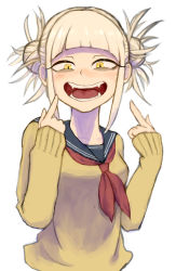 Rule 34 | bags under eyes, blonde hair, blue sailor collar, blunt bangs, blush, boku no hero academia, breasts, cardigan, commentary, double bun, eyeliner, fangs, hair bun, highres, index finger raised, looking at viewer, makeup, maswaka, messy hair, neckerchief, open mouth, pointing, pointing at self, red neckerchief, sailor collar, sanpaku, school uniform, serafuku, sidelocks, simple background, slit pupils, small breasts, smile, solo, teeth, toga himiko, upper body, white background, yellow cardigan