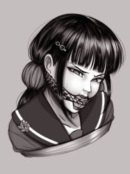 Rule 34 | 1girl, bdsm, black hair, bondage, bound, bound arms, bound breasts, checkered clothes, checkered scarf, cloth gag, collarbone, danganronpa (series), danganronpa v3: killing harmony, ears, female focus, flower ornament, gag, gagged, grey background, greyscale, hair ornament, harukawa maki, improvised gag, kusujinn, lips, long hair, looking at viewer, monochrome, mouth hold, necktie, nose, open mouth, restrained, sailor collar, scarf, simple background, solo, twintails, upper body