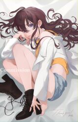 Rule 34 | 1girl, :3, ahoge, barefoot, black footwear, blue eyes, boots, brown hair, camisole, commission, fetal position, full body, hair between eyes, hair spread out, high heel boots, high heels, highres, ichinose shiki, idolmaster, idolmaster cinderella girls, long hair, looking at viewer, lying, nininiwa2, off shoulder, on side, open clothes, open shirt, shirt, shoes, short shorts, shorts, single bare shoulder, single shoe, smile, solo, wavy hair, white shirt