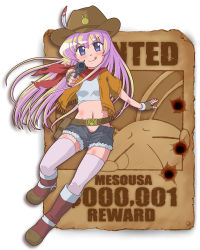 Rule 34 | 1girl, :q, belt, blonde hair, blue eyes, boots, bullet hole, child, cowboy hat, denim, denim shorts, feathers, fingerless gloves, fringe trim, full body, gloves, gun, hat, highres, ki (adotadot), mesousa, midriff, navel, pani poni dash!, pointing, pointing at viewer, poster (medium), poster (object), rebecca miyamoto, shorts, solo, thighhighs, tongue, tongue out, trigger discipline, unzipped, vest, wanted, weapon, cowboy western