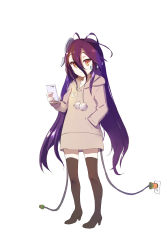 Rule 34 | 1girl, absurdres, black footwear, boots, brown sweater, full body, hair between eyes, hand in pocket, high heel boots, high heels, highres, holding, holding phone, long hair, no game no life, orange eyes, phone, purple hair, shuvi (no game no life), shuvi dora, simple background, sishenfan, solo, standing, sweater, thigh boots, thighhighs, very long hair, white background