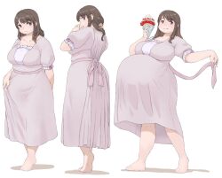 Rule 34 | 1girl, :q, arm behind back, back bow, big belly, blush, bow, breasts, brown hair, character request, closed mouth, collarbone, commentary request, copyright request, crepe, dot nose, dress, fake pregnancy, food, fruit, full body, head tilt, holding, holding food, katou (katohayabusa), large breasts, legs apart, long hair, looking at viewer, looking back, multiple views, open mouth, outstretched arm, purple eyes, shadow, short sleeves, sidelocks, simple background, standing, strawberry, tareme, tiptoes, tongue, tongue out, white background