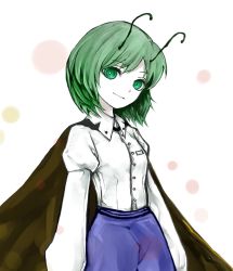 Rule 34 | 1girl, antennae, black cape, blue pants, cape, closed mouth, cowboy shot, dress shirt, green eyes, green hair, highres, juliet sleeves, long sleeves, looking at viewer, looking to the side, matching hair/eyes, pale skin, pants, puffy long sleeves, puffy sleeves, shirt, smile, solo, touhou, white shirt, wriggle nightbug, yutapon