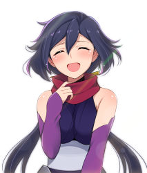 Rule 34 | 10s, 1girl, ^ ^, ayame (gundam build divers), black hair, breasts, closed eyes, commentary request, elbow gloves, fingerless gloves, gloves, gundam, gundam build divers, hair ornament, happy, honda naoki, japanese clothes, kimono, long hair, low ponytail, mask pull, medium breasts, ninja, no mask, open mouth, red scarf, scarf, shiny skin, short kimono, sleeveless, sleeveless kimono, smile, solo, split ponytail, spoilers, tears