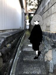 Rule 34 | 1girl, bag, closed mouth, commentary request, dot mouth, empty eyes, full body, greyscale with colored background, highres, long sleeves, looking at viewer, mochu (aoishikabane), original, outdoors, photo background, shoes, short hair, socks, solo, standing