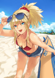 Rule 34 | 1girl, :d, beach, bikini, blonde hair, blue eyes, blurry, braid, breasts, cleavage, cutoffs, day, denim, denim shorts, depth of field, dutch angle, eyewear on head, fate/grand order, fate (series), highres, leaning forward, long hair, long legs, looking at viewer, medium breasts, mordred (fate), mordred (fate) (all), mordred (fate/apocrypha), mordred (swimsuit rider) (fate), mordred (swimsuit rider) (first ascension) (fate), ohland, open clothes, open mouth, open pants, open shorts, outdoors, pants, ponytail, prydwen (fate), red bikini, short shorts, shorts, sidelocks, smile, solo, surfboard, sweat, swimsuit