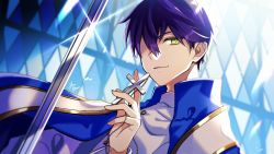 Rule 34 | 1boy, aononchi, blue cape, blurry, blurry background, buttons, cape, cross, cross necklace, glint, green eyes, hair between eyes, highres, holding, holding cross, holding jewelry, holding necklace, jewelry, kenmochi touya, looking at viewer, male focus, necklace, nijisanji, purple hair, shaded face, shirt, short hair, smile, solo, stained glass, stole, sword, upper body, virtual youtuber, weapon, white shirt
