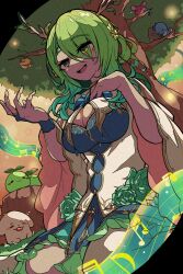 Rule 34 | 1girl, antlers, apple, bis814, blush, boros (ouro kronii), braid, braided bangs, breasts, ceres fauna, ceres fauna (1st costume), cleavage, creature, flower, food, friend (nanashi mumei), fruit, golden apple, green flower, green hair, green rose, hair flower, hair ornament, hand on own chest, highres, hololive, hololive english, horns, jewelry, large breasts, log, long hair, mole, mole under eye, mr. squeaks (hakos baelz), music, musical note, on grass, open mouth, rose, sanallite (tsukumo sana), sapling (ceres fauna), singing, sitting, smile, solo, staff (music), tree, virtual youtuber, wariza, yellow eyes