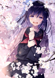 Rule 34 | 1girl, :d, black serafuku, black skirt, blue hair, blush, cherry blossoms, commentary request, crying, dutch angle, jacket, jacket on shoulders, kusada souta, long hair, looking at viewer, neckerchief, open mouth, original, pleated skirt, purple eyes, red neckerchief, school uniform, serafuku, skirt, smile, solo, white jacket