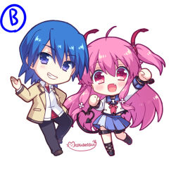 Rule 34 | 1boy, 1girl, :d, ahoge, angel beats!, arm up, black footwear, black pants, blue eyes, blue hair, blue sailor collar, blue skirt, blush, brown footwear, chibi, chibi only, clenched hands, collared shirt, commentary request, demon tail, excited, fake tail, fang, grin, hair between eyes, hand on own hip, hand up, heart, heart tail, hinata hideki, jacket, kousetsu, light blush, long hair, long sleeves, looking at viewer, miniskirt, open mouth, pants, pink eyes, pink hair, pleated skirt, sailor collar, shinda sekai sensen uniform, shirt, short hair, signature, simple background, skirt, smile, standing, tail, thigh strap, two side up, very long hair, white background, white shirt, yellow jacket, yui (angel beats!)