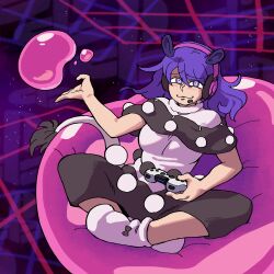 Rule 34 | 1girl, :3, absurdres, animal ears, arm up, bare arms, bean bag chair, black bow, black capelet, black dress, black skirt, blob, blue eyes, blue hair, blush, bow, bow legwear, breasts, capelet, closed mouth, commentary, commission, controller, doremy sweet, dream soul, dress, eddybird55555, english commentary, floating hair, full body, furrowed brow, game console, game controller, hair between eyes, headphones, headset, highres, holding, holding controller, holding game controller, indian style, light particles, long hair, looking at viewer, medium breasts, medium hair, messy hair, microphone, no headwear, no shoes, playstation 5, playstation logo, pom pom (clothes), purple background, purple eyes, purple hair, raised eyebrow, ringed eyes, short sleeves, sitting, skirt, smug, socks, solo, tail, tapir ears, tapir tail, touhou, two-tone dress, white dress, white footwear